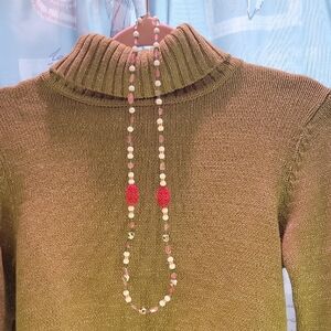 Handmade Necklace W/ White & Gold Tone Cloisonne, Cinnebar, & Strswberry Quartz